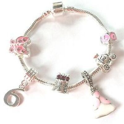 Pulsera infantil con abalorios chapada en plata 'Pink Princess 6th Birthday'