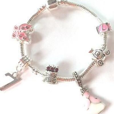 Bracelet de perles à breloques plaqué argent 'Pink Princess 7th Birthday' pour enfant