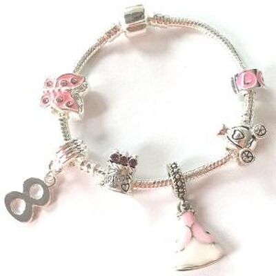 Bracelet à perles pour enfants 'Pink Princess 8th Birthday' plaqué argent