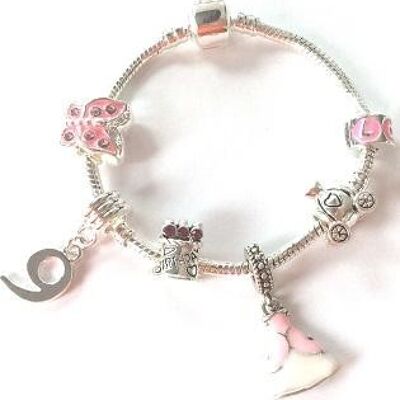 Bracelet en perles à breloques plaqué argent 'Princesse rose 9e anniversaire'
