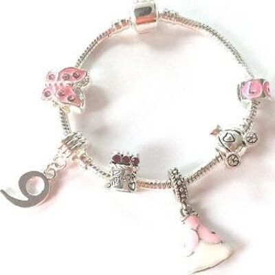 Children's 'Pink Princess 9th Birthday' Silver Plated Charm Bead Bracelet