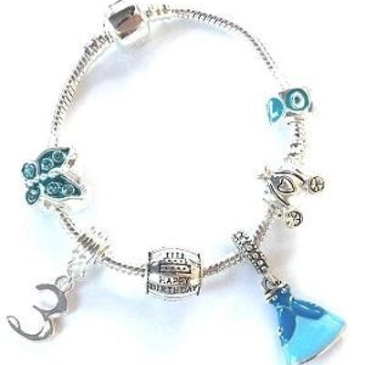 Pulsera infantil con abalorios plateados 'Blue Princess 3rd Birthday'