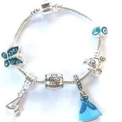 Bracelet en perles à breloques plaqué argent 'Blue Princess 4th Birthday' pour enfant