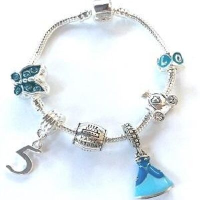 Bracelet en perles à breloques plaqué argent 'Blue Princess 5th Birthday' pour enfant