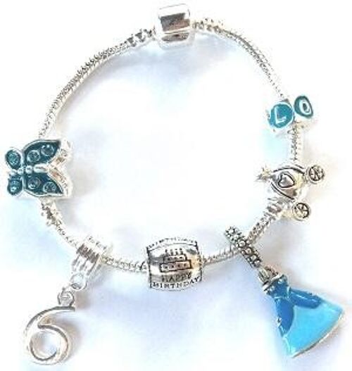 Children's 'Blue Princess 6th Birthday' Silver Plated Charm Bead Bracelet