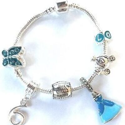 Bracelet à perles pour enfants 'Blue Princess 6th Birthday' plaqué argent