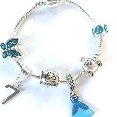 Bracelet de perles à breloques plaqué argent 'Blue Princess 7th Birthday' pour enfant