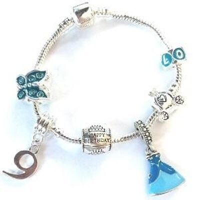 Pulsera infantil con abalorios plateados 'Blue Princess 9th Birthday'