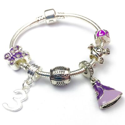 Versilbertes Charm Bead Armband für Kinder 'Purple Princess 3rd Birthday' für Kinder
