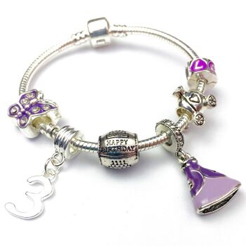 Bracelet de perles à breloques plaqué argent 'Purple Princess 3rd Birthday' pour enfants
