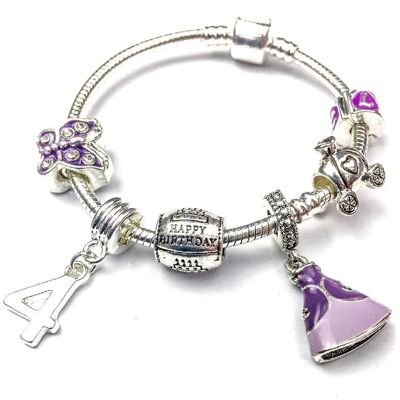 Bracelet de perles à breloques plaqué argent 'Purple Princess 4th Birthday' pour enfants