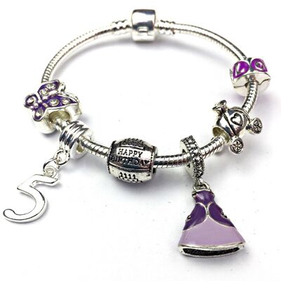 Bracelet de perles à breloques plaqué argent 'Purple Princess 5th Birthday' pour enfants