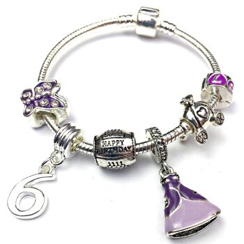 Bracelet de perles à breloques plaqué argent 'Purple Princess 6th Birthday' pour enfant