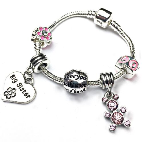 Children's Big Sister 'Pink Teddy' Silver Plated Charm Bead Bracelet