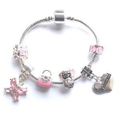 Braccialetto di perline con charm placcato in argento da damigella d'onore per bambini "Pink Fairy Dream"