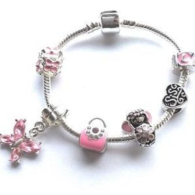 Kinder Schwester 'Pink Fairy Dream' versilbert Charm Perlen Armband