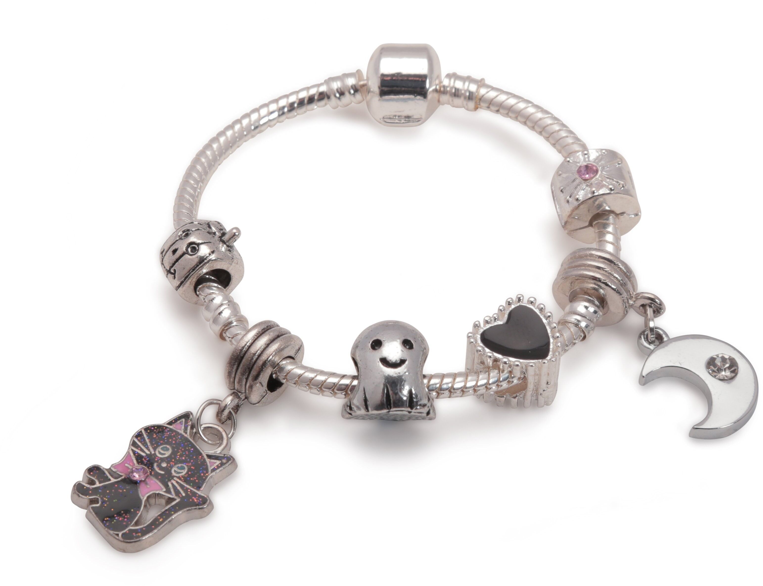 Braccialetto per bambini Lucky Black Cat Halloween placcato argento con ciondoli