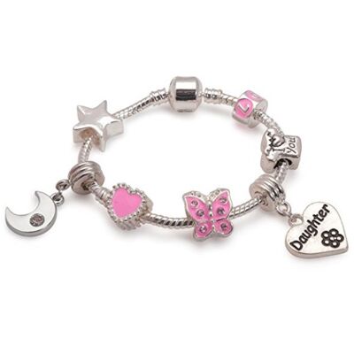 Children's Daughter Pink 'Dream Moon & Star' Silver Plated Charm Bead Bracelet