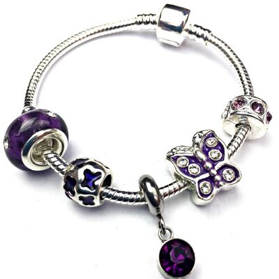 Pulsera de abalorios chapada en plata con cristal de color amatista 'Piedra natal de febrero' para niños, 16 cm