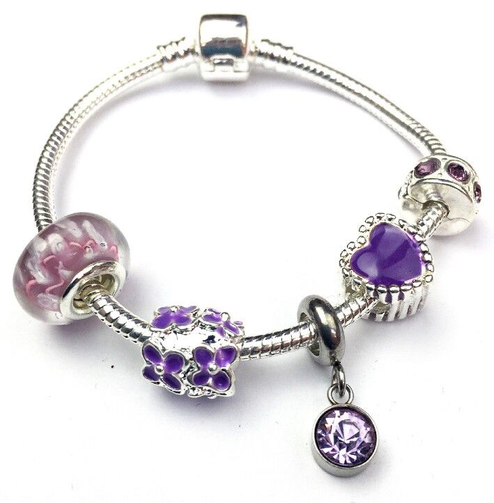 Children's 'June Birthstone' Amethyst Coloured Crystal Silver Plated Charm Bead Bracelet 16cm