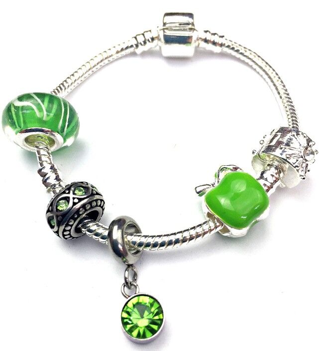 Pulsera de abalorios chapada en plata con cristal de color peridoto para niños 'Piedra natal de agosto' 16 cm