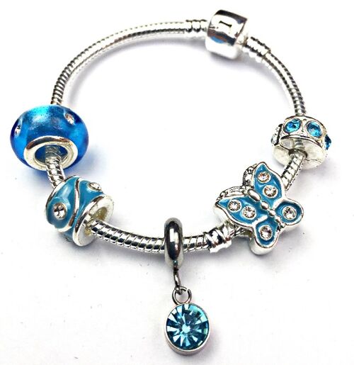 Children's 'December Birthstone' Turquoise Coloured Crystal Silver Plated Charm Bead Bracelet 16cm