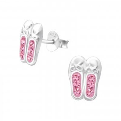 Children's Sterling Silver Ballet Shoes With Pink Diamante Stud Earrings