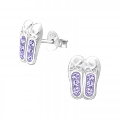 Children's Sterling Silver Ballet Shoes With Purple Diamante Stud Earrings