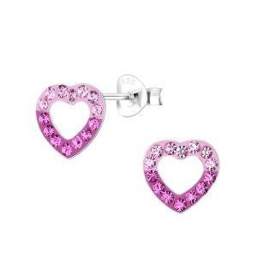 Children's Sterling Silver Open Heart Pink Crystal Stud Earrings