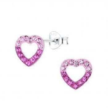 Boucles d'oreilles pour enfants en argent sterling à cœur ouvert en cristal rose