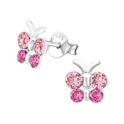 Orecchini a bottone per bambini in argento sterling rosa con diamanti a farfalla