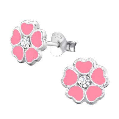 Aretes de plata de ley para niños 'Pretty Pink Flower'