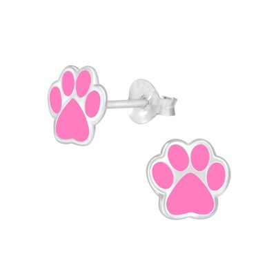 Puces d'oreilles pour enfants 'Pink Paw Print' en argent sterling