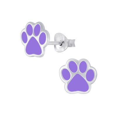 Boucles D'oreilles Pour Enfants En Argent Massif 'Purple Paw Print'