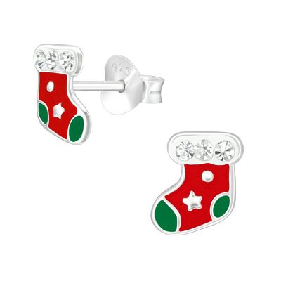 Aretes tipo calcetín navideño rojo y verde de plata de ley para niños