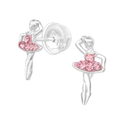 Ballerina per bambini in argento sterling con orecchini a bottone rosa con strass