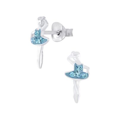 Children's Sterling Silver Ballerina With Blue Diamante Dress Stud Earrings