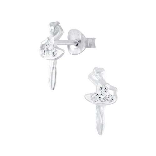 Children's Sterling Silver Ballerina With Clear Diamante Dress Stud Earrings