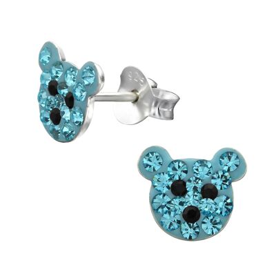 Aretes de plata de ley para niños con osito de peluche y cristal azul