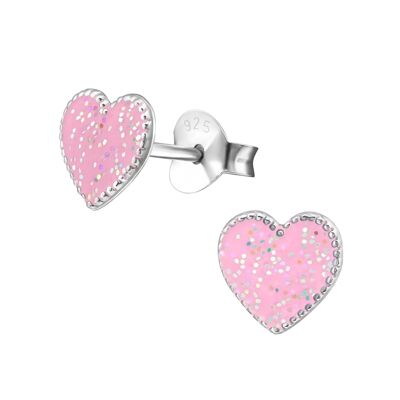 Orecchini per bambini in argento sterling rosa con glitter a cuore