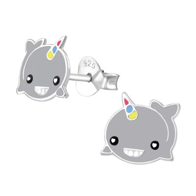 Orecchini a bottone per bambini in argento sterling 'Whale-corn'