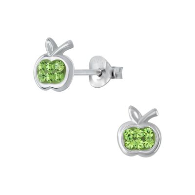 Aretes infantiles de plata de ley con forma de manzana y cristal verde