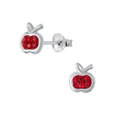 Aretes infantiles de plata de ley con forma de manzana y cristal rojo