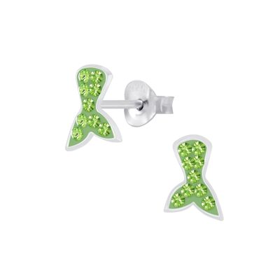 Orecchini a bottone per bambini in argento sterling 'Peridot Green Sparkle Mermaid Tail'