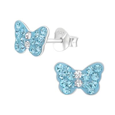 Aretes de plata de ley con diseño de mariposa azul brillante para niños