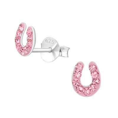 Puces d'oreilles en argent sterling pour enfants 'Pink Sparkle Horseshoe' en cristal