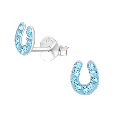 Puces d'oreilles en argent sterling pour enfants 'Blue Sparkle Horseshoe' en cristal