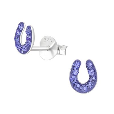 Puces d'oreilles en argent sterling pour enfants 'Purple Sparkle Horseshoe' en cristal