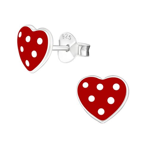 Children's Sterling Silver 'Red Heart with White Spots' Stud Earrings