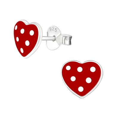 Aretes de plata de ley para niños 'Corazón rojo con manchas blancas'